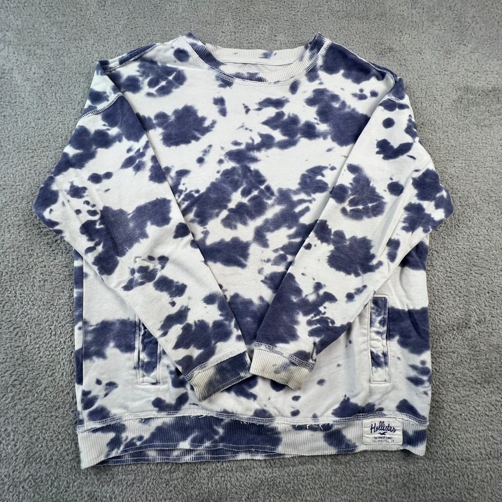 Hollister Sweatshirt XS Tie Dye Crewneck Blue White Fleece Pockets Relaxed Fit